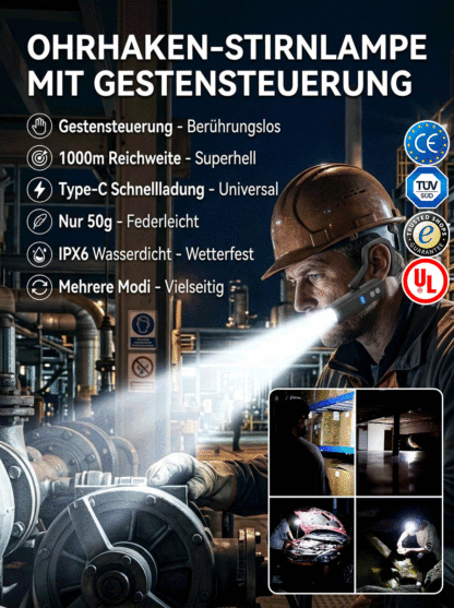 Ohr-Sensor-Stirnlampe – Kabellos & Berührungsfrei | Für Angler, Camping & Arbeit