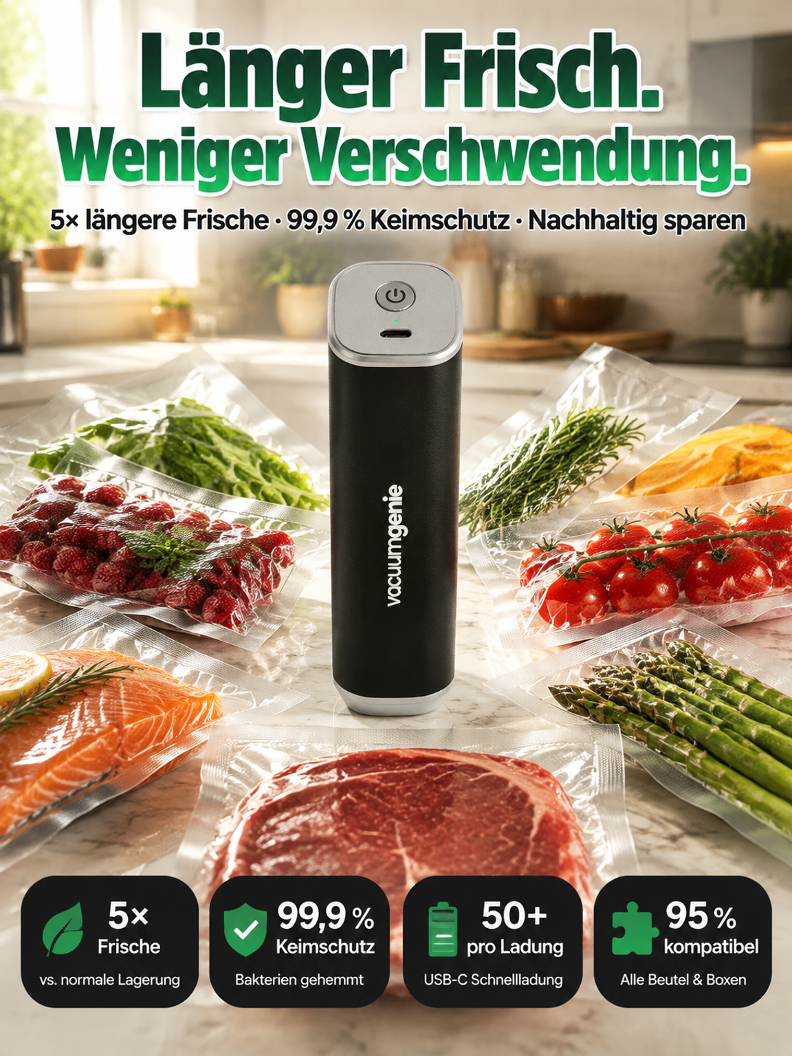 FreshPocket Hand‑Vakuumierer | Hält Lebensmittel 5‑fach länger frisch