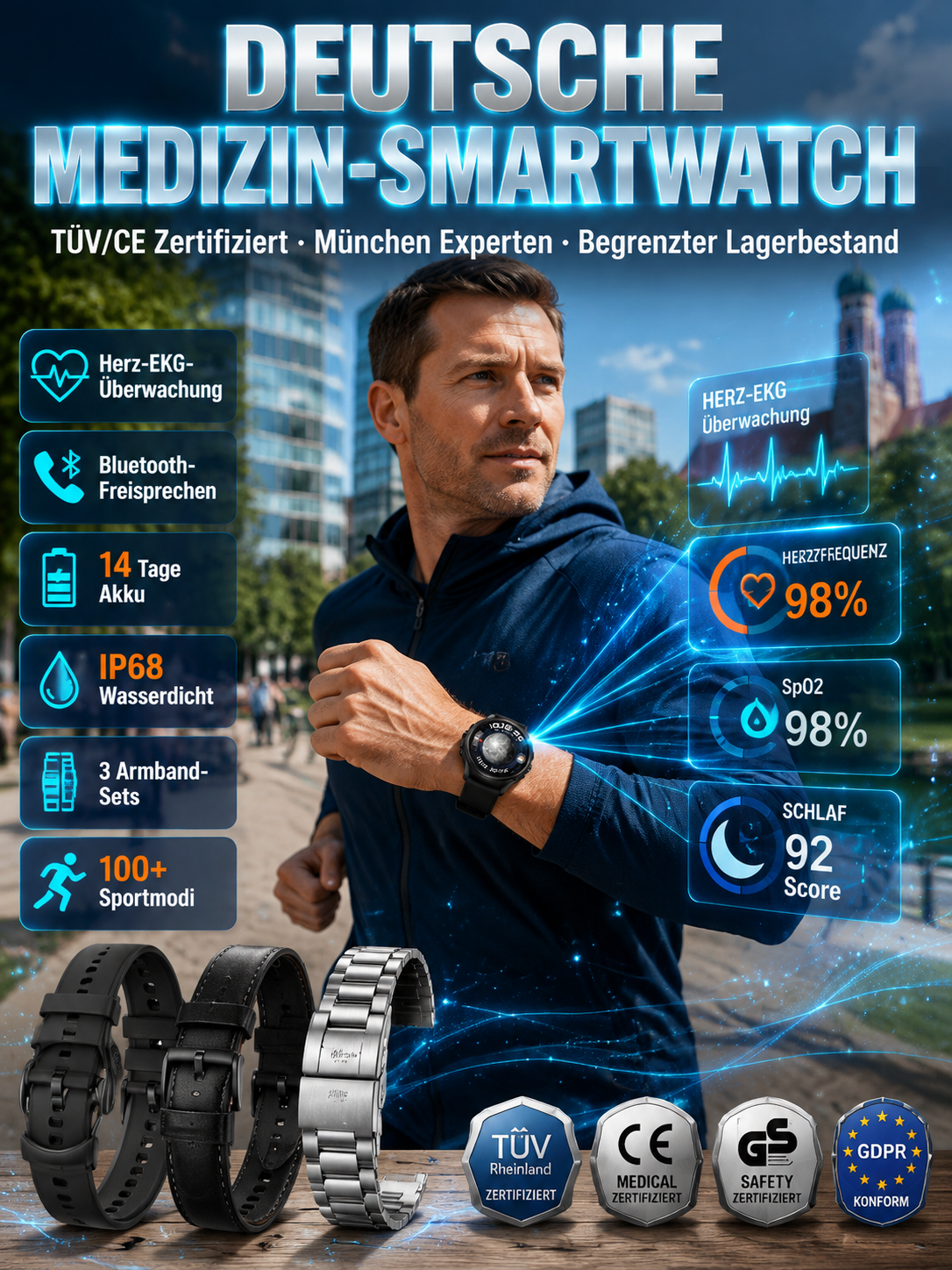 Hightech Smartwatch | 8 Gesundheitswerte 24/7, 13 Sportmodi, IP7 200m Wasserdicht | Nur 1 Stunde zum Jahresniedrigpreis!