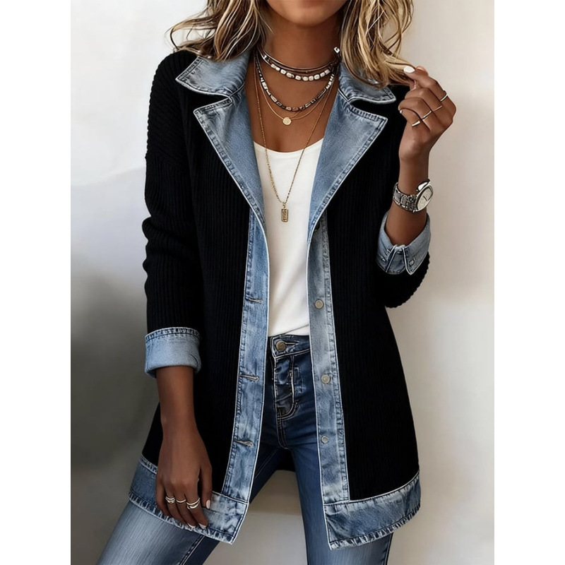 Jeans‑Splice Strickjacke im Fake‑Zwei‑Teile‑Look | Baumwoll‑Strickjacke für Damen