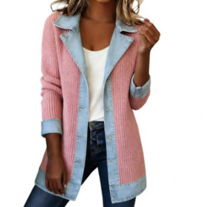 Jeans‑Splice Strickjacke im Fake‑Zwei‑Teile‑Look | Baumwoll‑Strickjacke für Damen