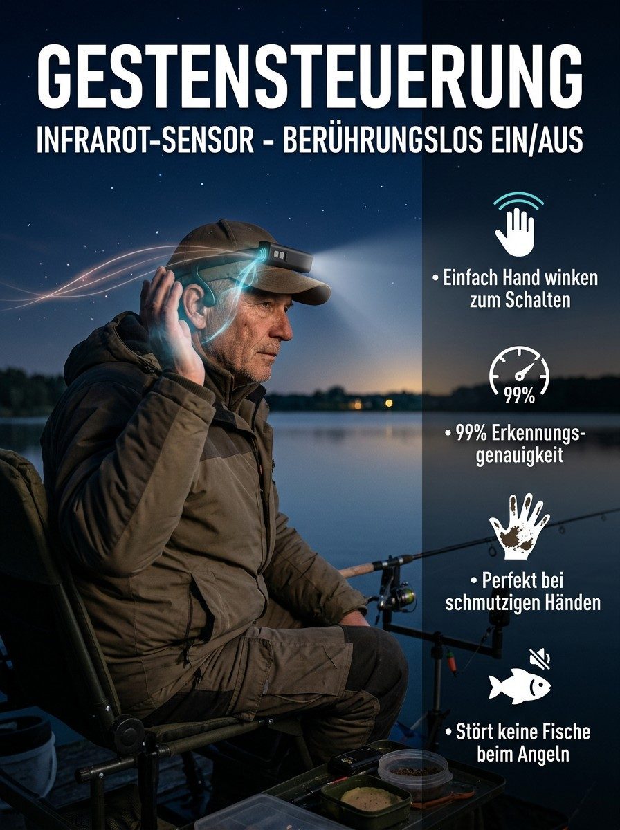 Ohr-Sensor-Stirnlampe – Kabellos & Berührungsfrei | Für Angler, Camping & Arbeit