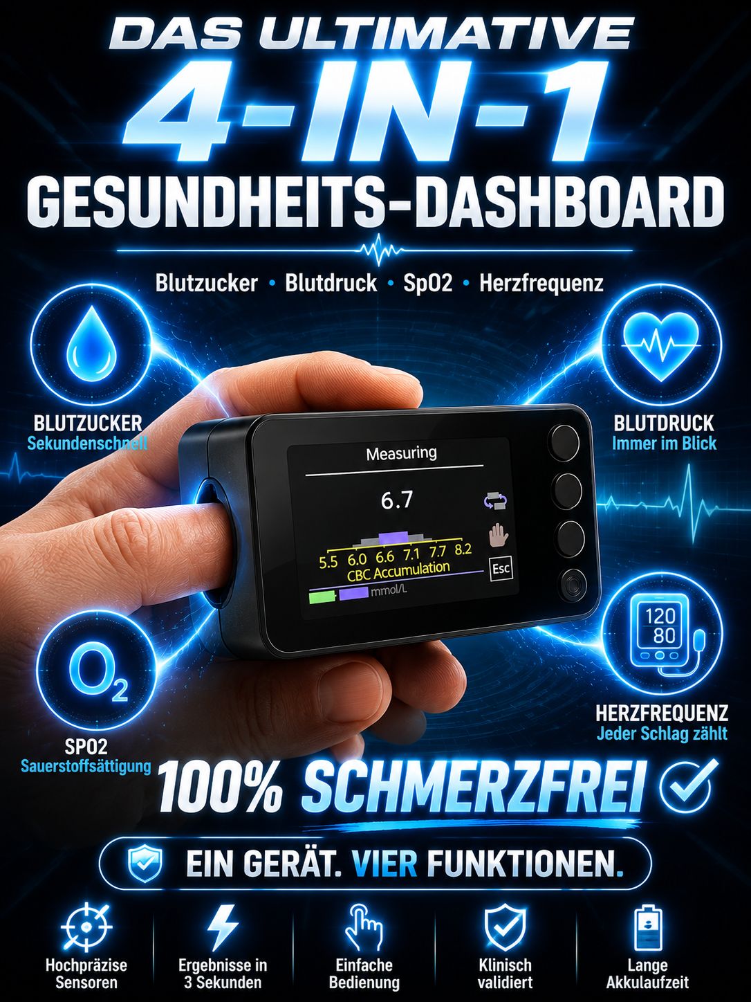 Nicht-invasives Blutzuckermessgerät für Diabetiker – keine Blutentnahme, kein Fingerstich!