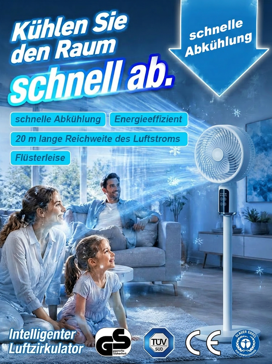 Super Kühlventilator mit Luftzirkulation – 1 Minute auf 20°C, extrem stromsparend, antibakteriell | Jahresrabatt nur heute!