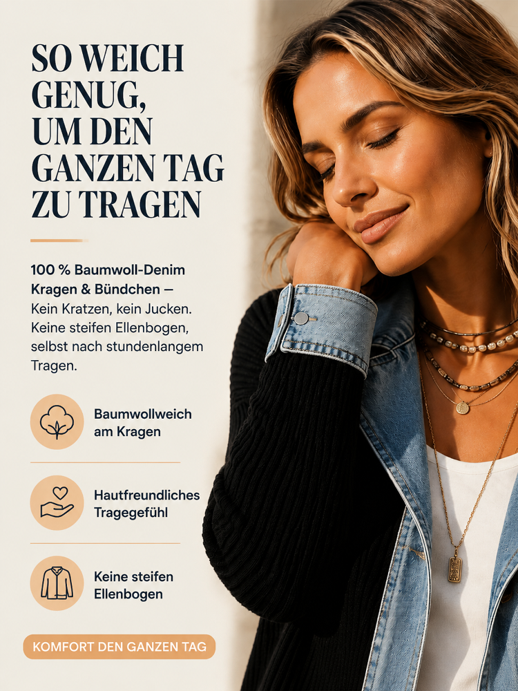Jeans‑Splice Strickjacke im Fake‑Zwei‑Teile‑Look | Baumwoll‑Strickjacke für Damen