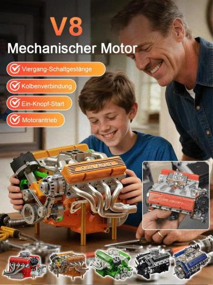 Zusammenbaubarer V8-Motor.