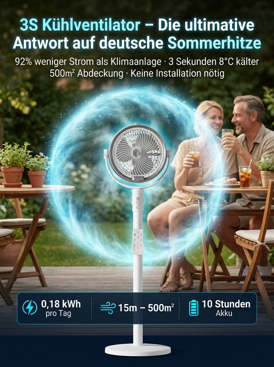 Die Klimaanlagen-Alternative: Kabelloser Sprühventilator mit 92% Stromersparnis & 15m Luftstrom
