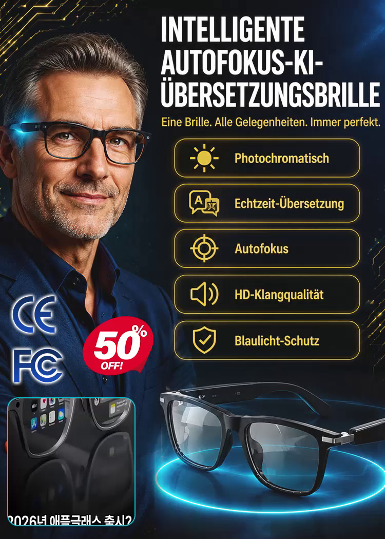 4-in-1 Intelligente Brille: Autofokus, Fotochromatisch & Sprachübersetzer