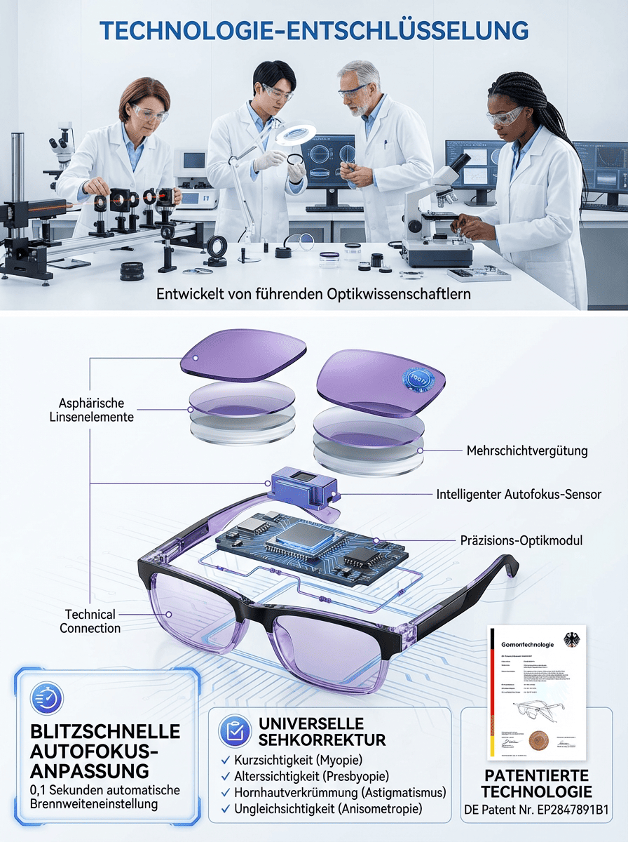Charité & TÜV zertifiziert: Smarte Titan-Gleitsichtbrille mit 0,1s Autofokus