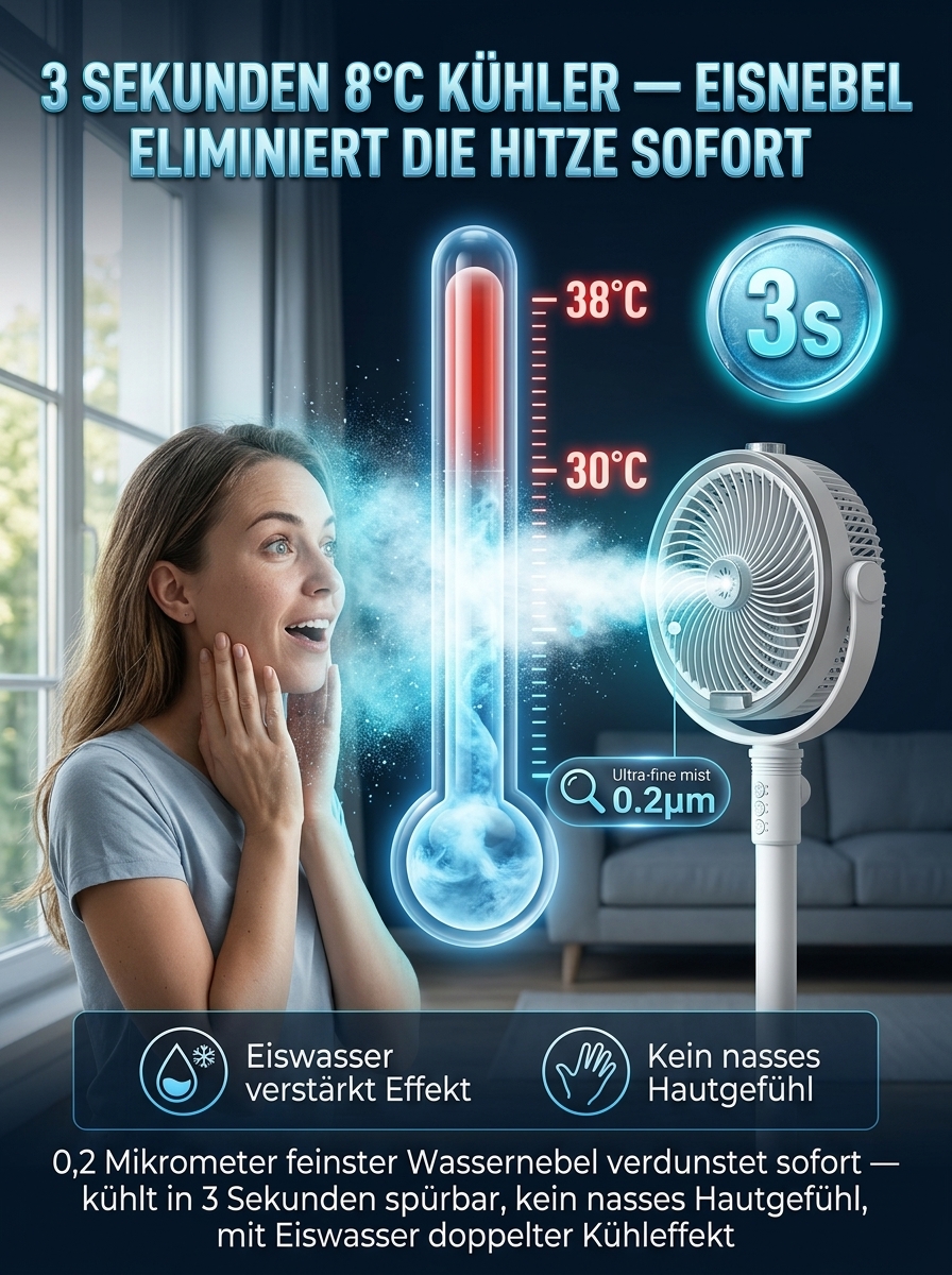 Die Klimaanlagen-Alternative: Kabelloser Sprühventilator mit 92% Stromersparnis & 15m Luftstrom