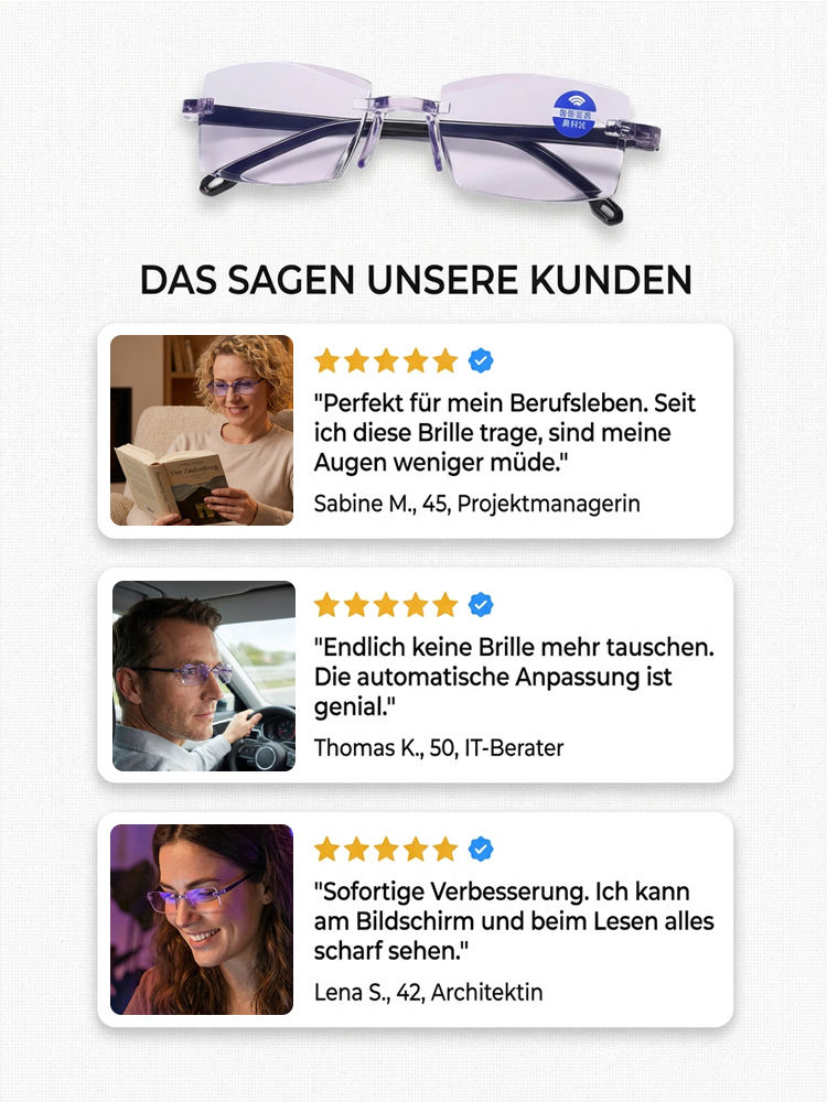 Charité & TÜV zertifiziert: Smarte Titan-Gleitsichtbrille mit 0,1s Autofokus