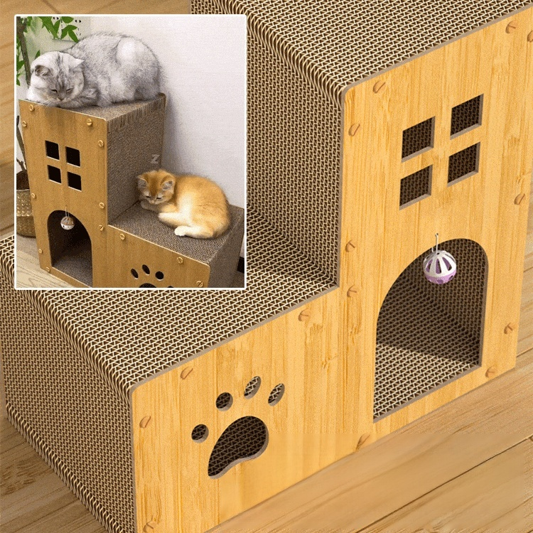 Katzenvilla aus Wellpappe mit Kratzbrett