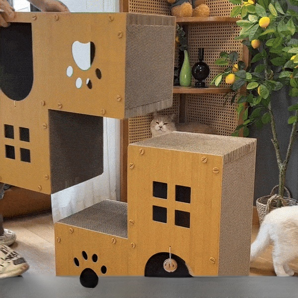 Katzenvilla aus Wellpappe mit Kratzbrett