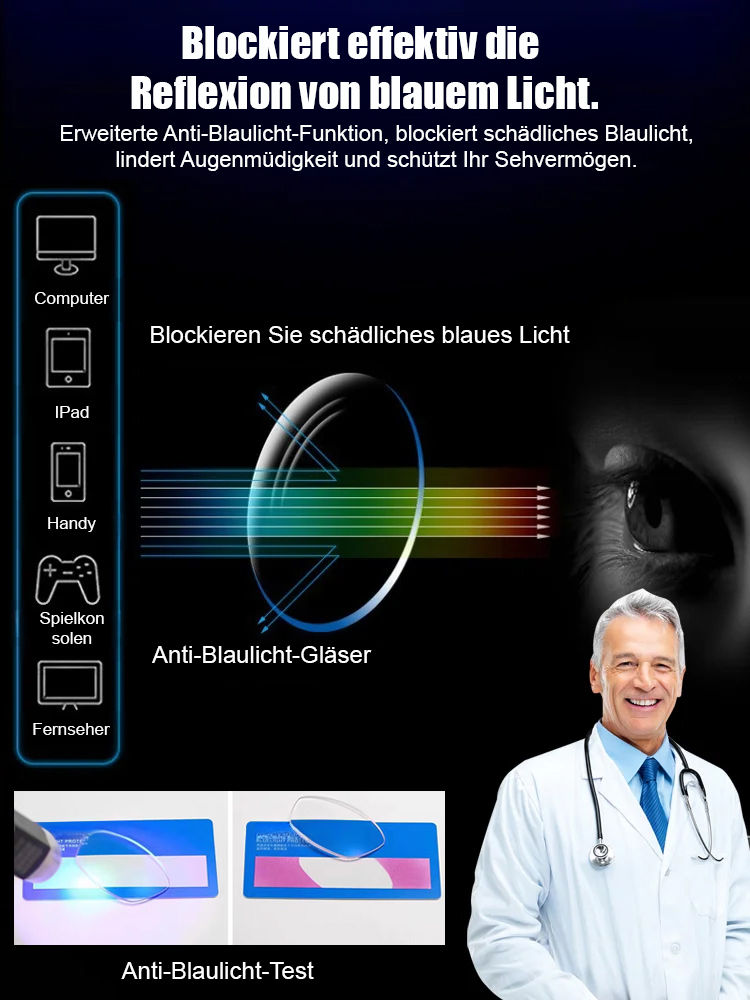 Automatisch fokussierende, blaulichtfilternde Lesebrille für Senioren