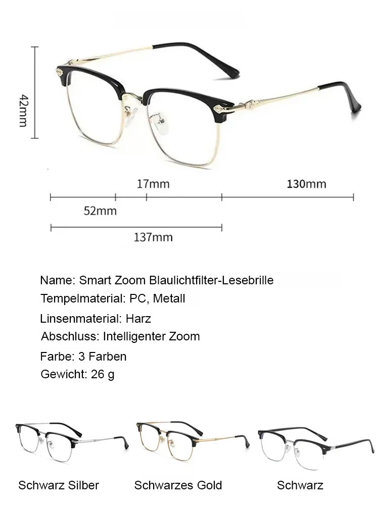 Automatisch fokussierende, blaulichtfilternde Lesebrille für Senioren