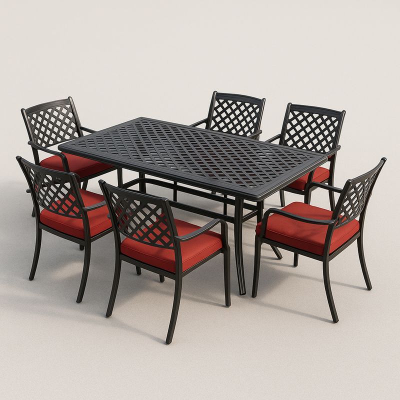 Set da Giardino Tavolo Rettangolare e Sedie in Metallo con Cuscini Rossi-Yenolirto