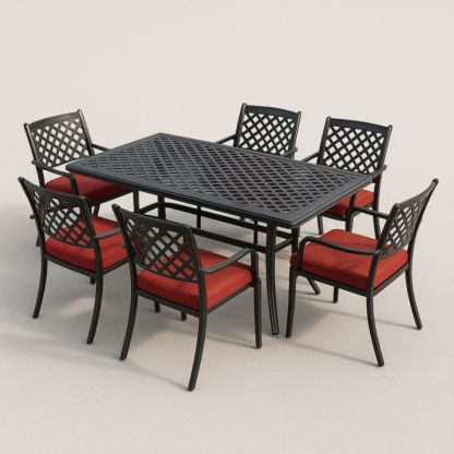 Set da Giardino Tavolo Rettangolare e Sedie in Metallo con Cuscini Rossi-Yenolirto