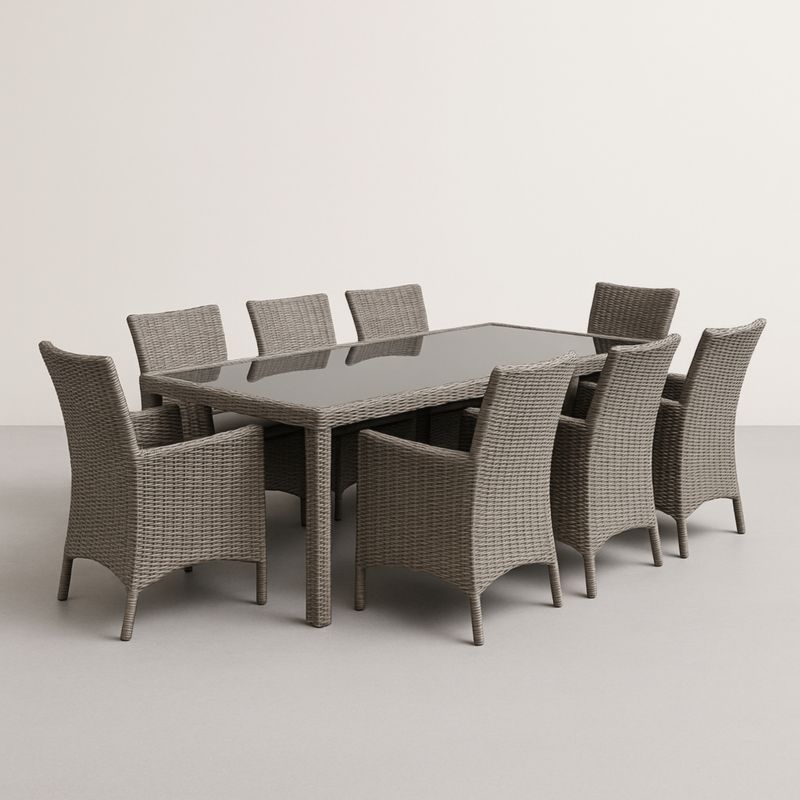 Set da Giardino in Rattan Sintetico Grigio con Tavolo in Vetro Temperato e 8 Sedie-Yenolirto