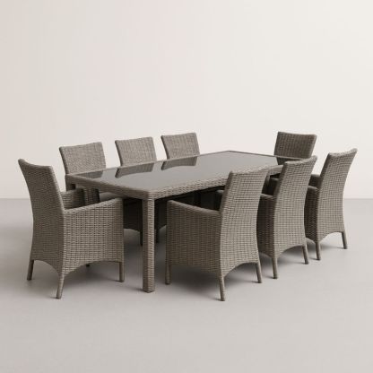 Set da Giardino in Rattan Sintetico Grigio con Tavolo in Vetro Temperato e 8 Sedie-Yenolirto