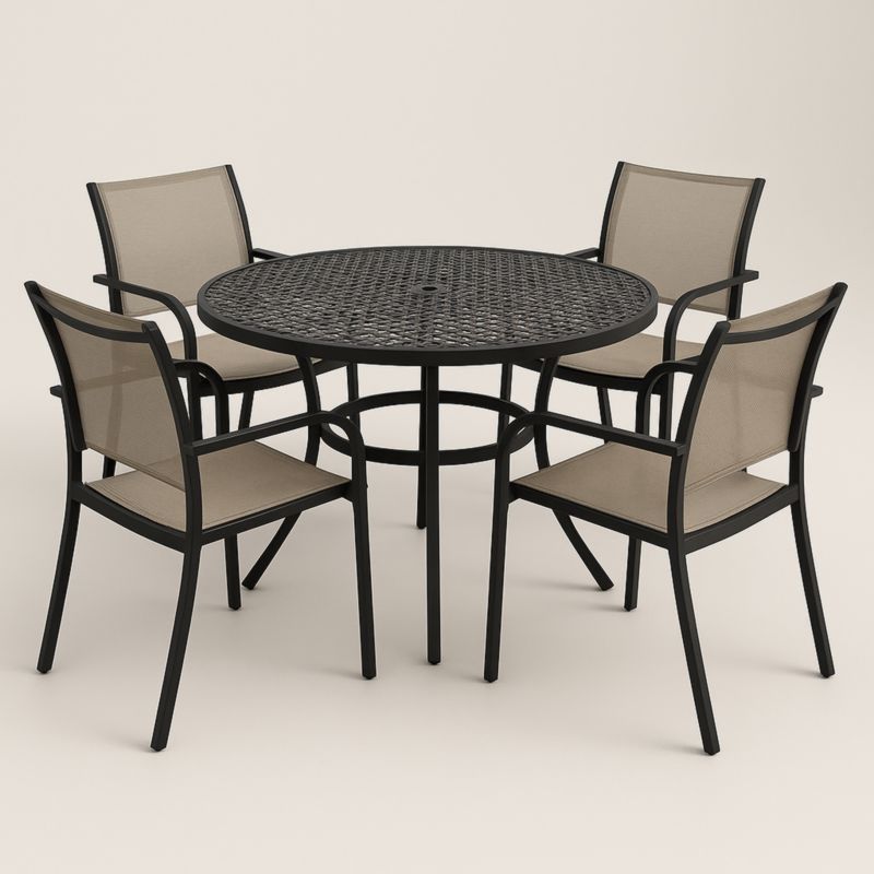 Set Giardino Tavolo Rotondo Metallo con 4 Sedie Tessuto Beige-Yenolirto