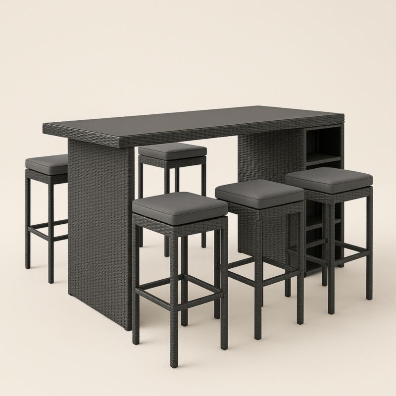 Set Tavolo da Bar Rettangolare con Sgabelli Rattan e Acciaio Nero-Yenolirto