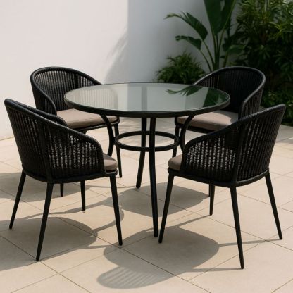 Set tavolo rotondo in vetro temperato e sedie in rattan nero da esterno-Yenolirto