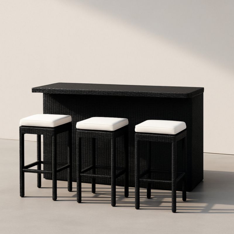 Set Bar Esterno Rattan Nero con Sgabelli e Cuscini Bianchi-Yenolirto