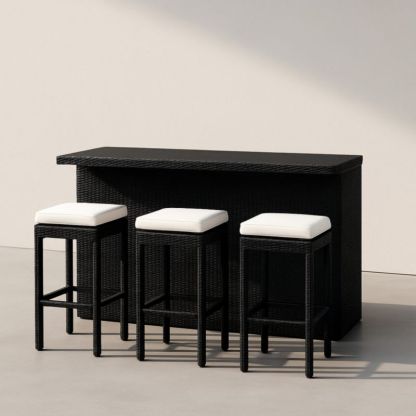 Set Bar Esterno Rattan Nero con Sgabelli e Cuscini Bianchi-Yenolirto
