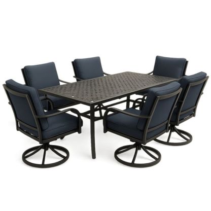 Set da pranzo per esterni in alluminio nero con cuscini blu, 6 sedie e tavolo rettangolare-Yenolirto