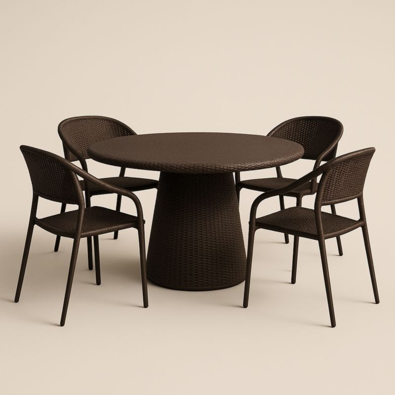 Set Tavolo Rotondo e 4 Sedie in Rattan Sintetico Marrone-Yenolirto