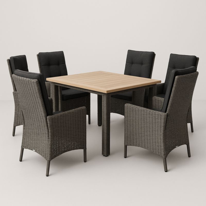 Set da Pranzo 6 Sedie con Tavolo Quadrato Legno e Rattan Grigio-Yenolirto