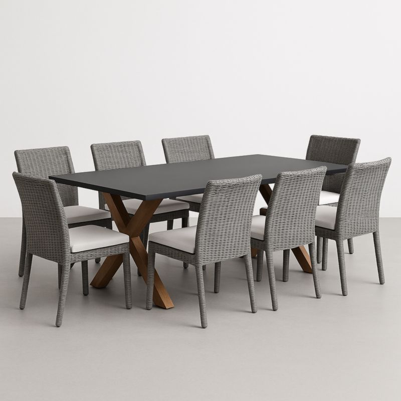 Set da Pranzo Rettangolare con Tavolo in Legno e Piano in Resina Nera Sedie in Rattan Sintetico Grigio-Yenolirto