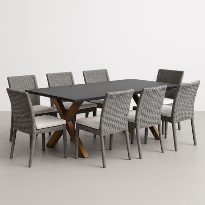 Set da Pranzo Rettangolare con Tavolo in Legno e Piano in Resina Nera Sedie in Rattan Sintetico Grigio-Yenolirto