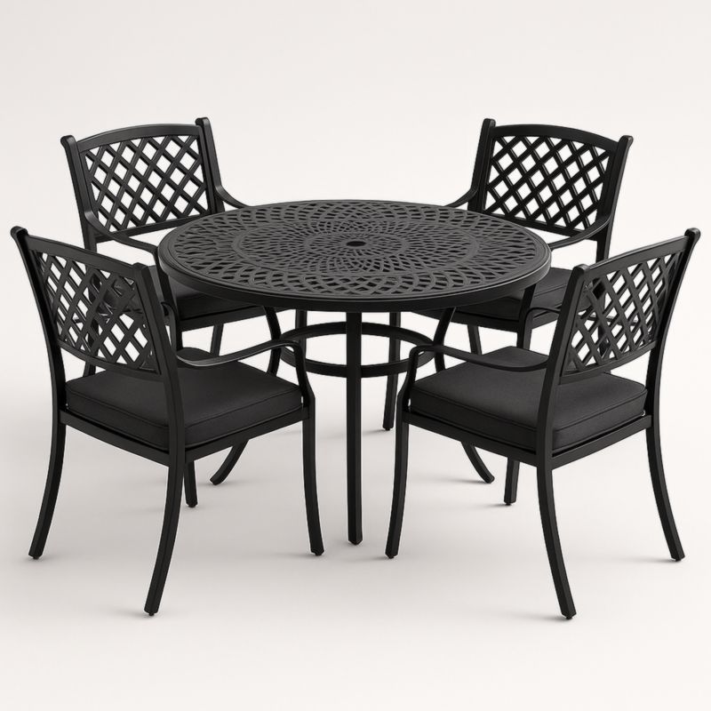 Set tavolo e sedie da esterno in alluminio nero, tavolo rotondo e 4 sedie-Yenolirto