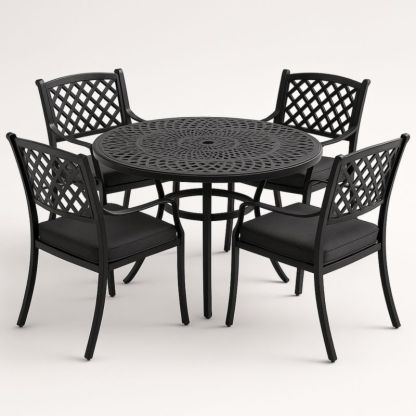 Set tavolo e sedie da esterno in alluminio nero, tavolo rotondo e 4 sedie-Yenolirto