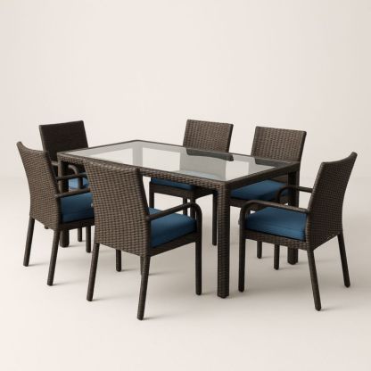 Set Tavolo da Giardino Rettangolare in Vetro e 6 Sedie in Rattan Cuscini Blu-Yenolirto