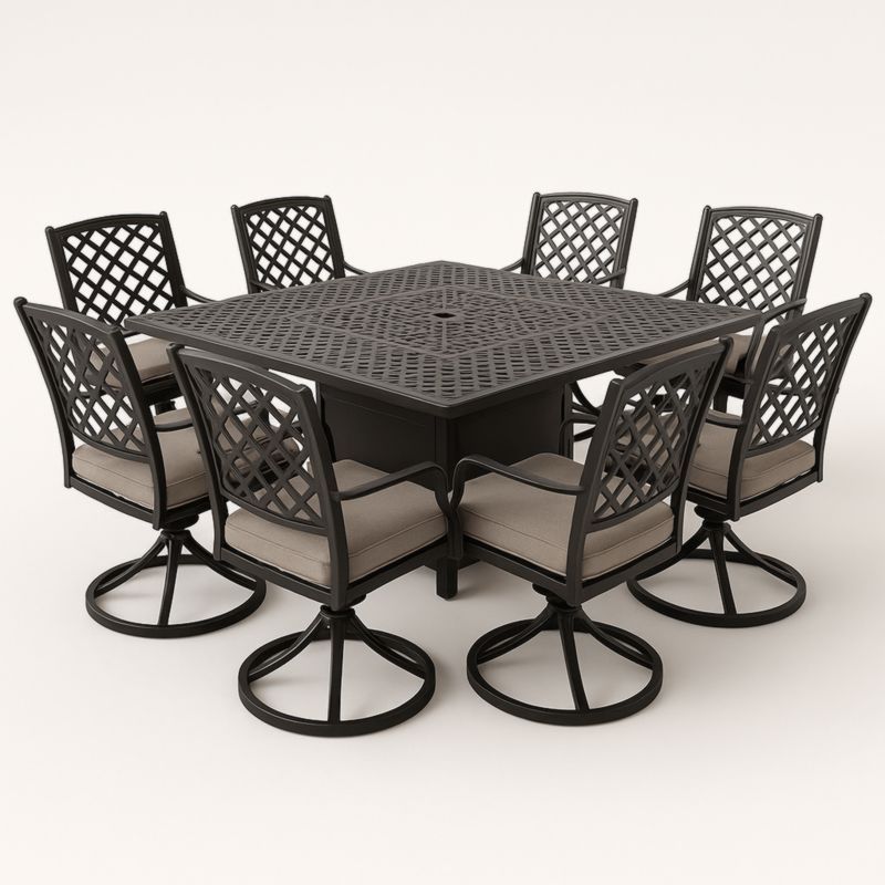 Set Tavolo Quadrato in Alluminio con 8 Sedie e Cuscini-Yenolirto