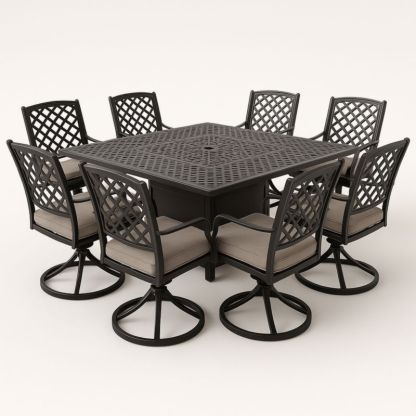 Set Tavolo Quadrato in Alluminio con 8 Sedie e Cuscini-Yenolirto