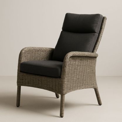 Poltrona in rattan sintetico grigio con cuscino in poliestere nero-Yenolirto
