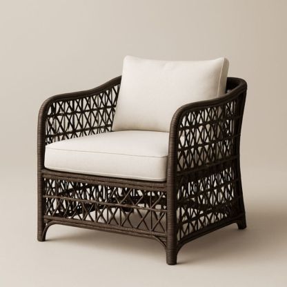 Poltrona in rattan sintetico marrone con cuscino bianco-Yenolirto
