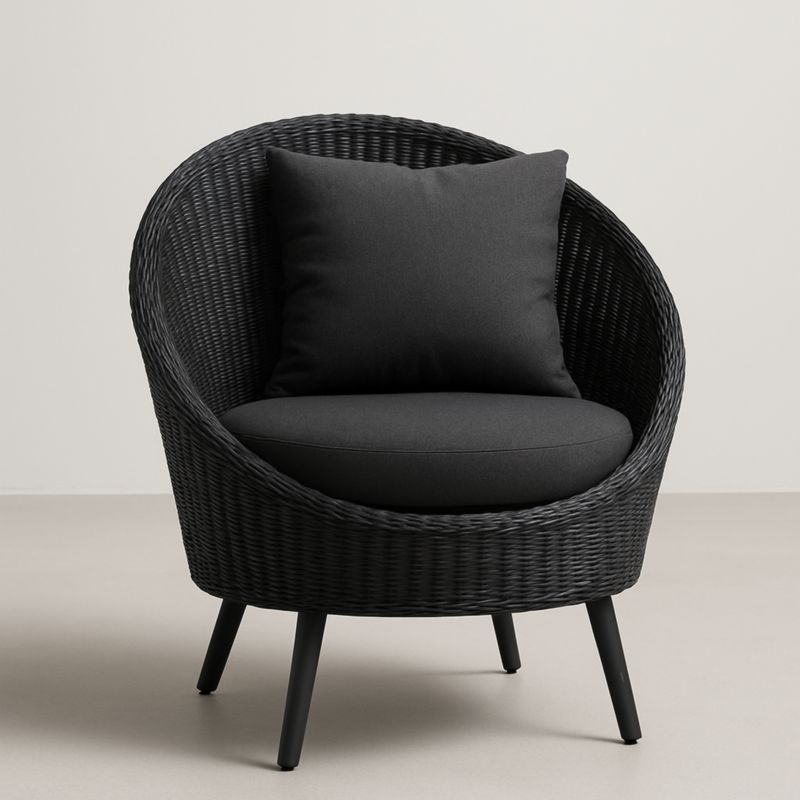 Poltrona Rotonda in Rattan Sintetico Nero con Cuscini in Poliestere-Yenolirto