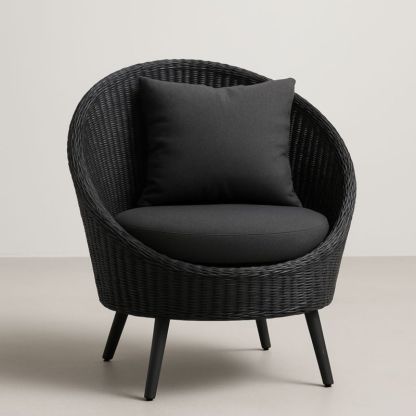 Poltrona Rotonda in Rattan Sintetico Nero con Cuscini in Poliestere-Yenolirto