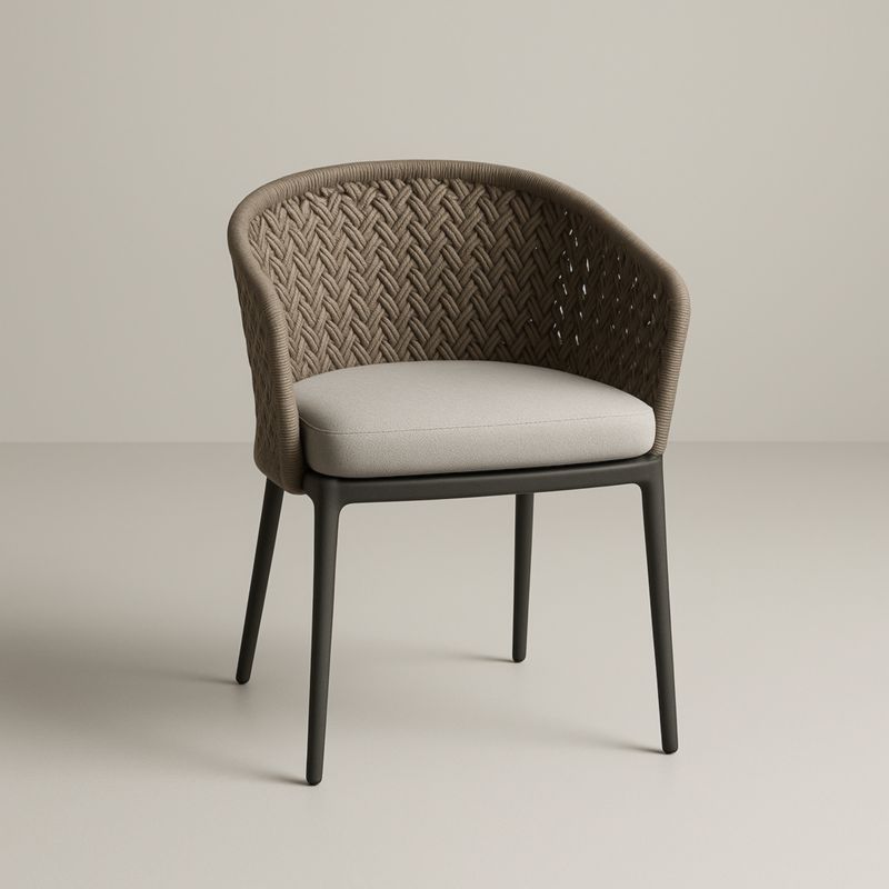 Poltrona con Schienale in Corda Intrecciata e Cuscino Beige-Yenolirto