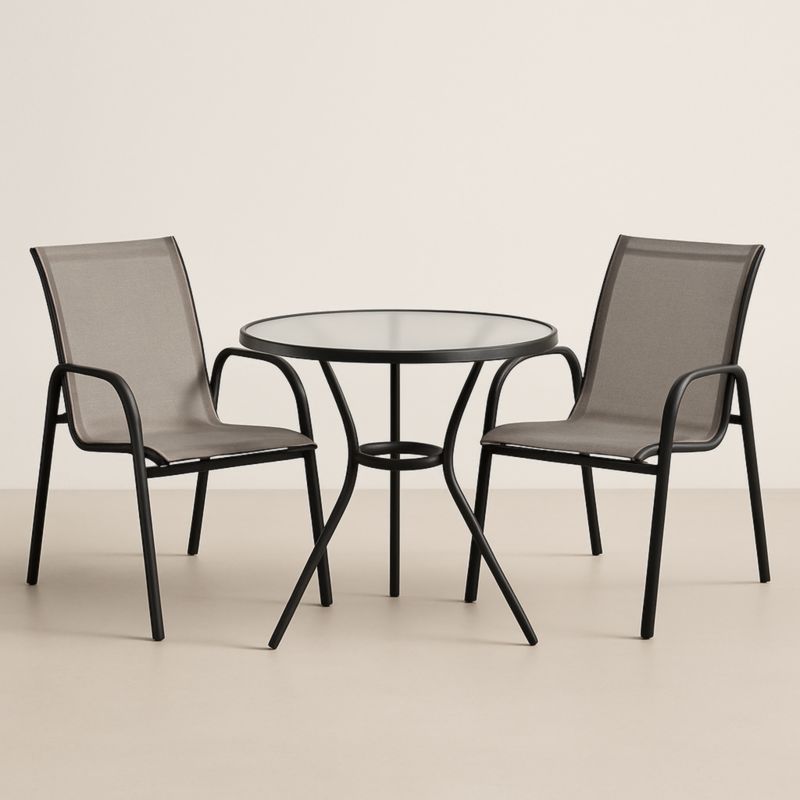 Set tavolo rotondo in vetro temperato e sedie in textilene grigio-Yenolirto