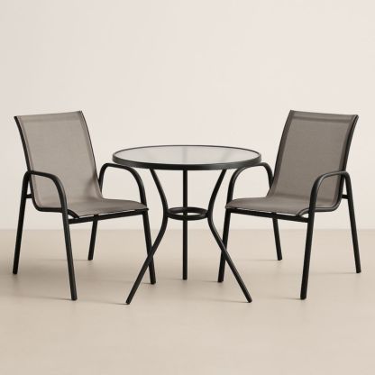 Set tavolo rotondo in vetro temperato e sedie in textilene grigio-Yenolirto