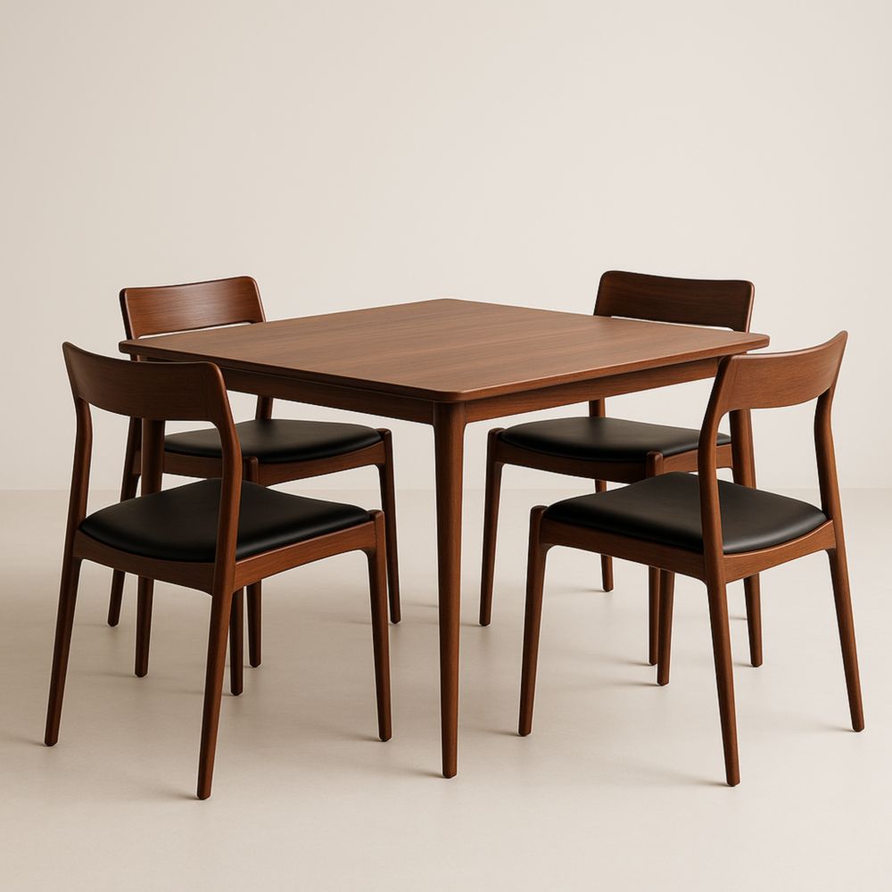 Table Carrée en Bois de Noyer avec Chaises en Similicuir Noir
