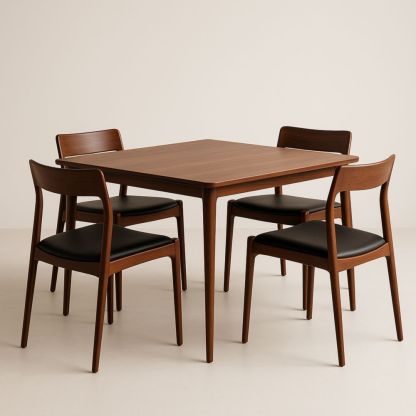 Table Carrée en Bois de Noyer avec Chaises en Similicuir Noir