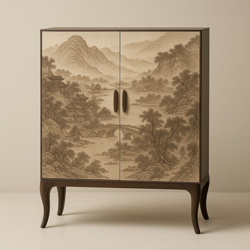 Meuble de rangement en bois avec motif de paysage asiatique