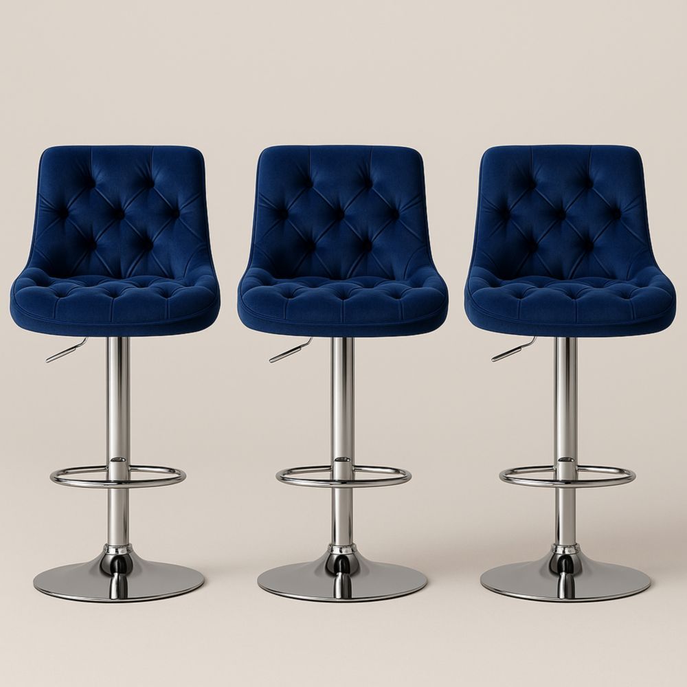 Tabouret de bar réglable en velours bleu avec base en métal chromé, lot de 3