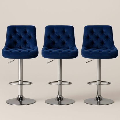 Tabouret de bar réglable en velours bleu avec base en métal chromé, lot de 3